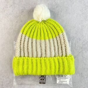Apparis Oshin Beanie Kiwi Green Stripe Cream Pompom Recycled Chunky Knit NEW!